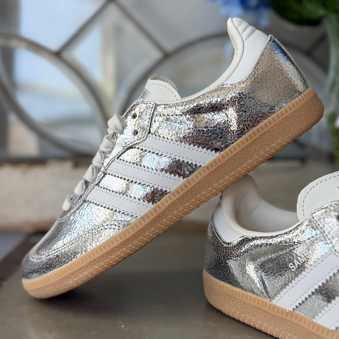 AD Samba OG Women's Silver Metallic Cracked Leather Sneakers